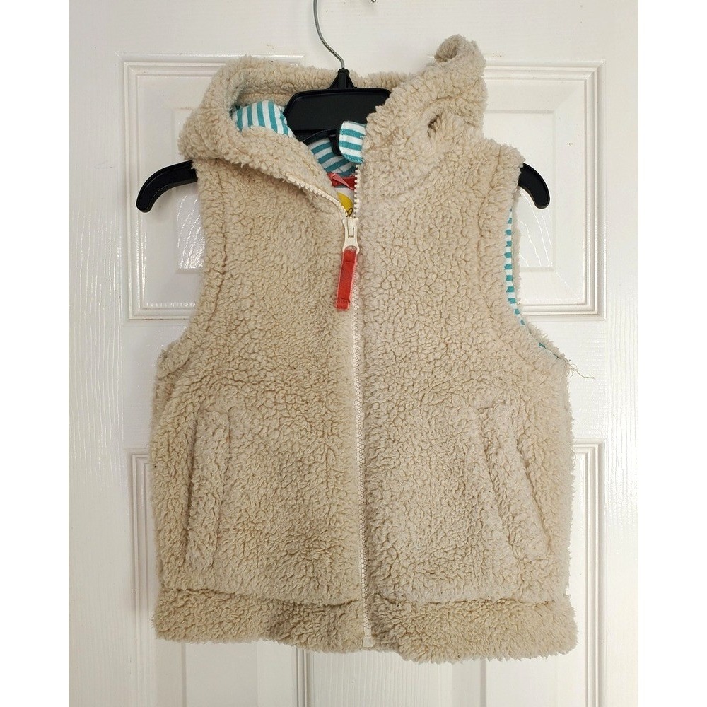 Mini Boden Sherpa Vest Cream‎ Fleece Hooded Striped Lining Cozy Layering 2-3Y